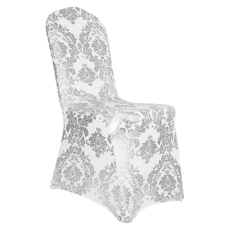 Desirable Life Pack of 1 Dining Chair Covers Bronzing Silver Flower Print Removable Washable Spandex Stretch Decorative Chair Slipcovers Set for Party Wedding Home Decorations - Silver+White - Image 1